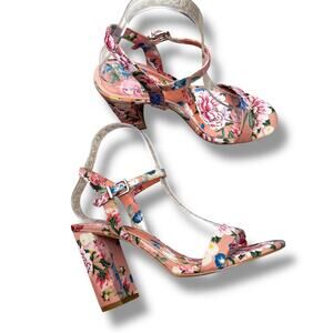 Gianni Bini McKaria Peach Floral Multi Print Ankle Strap Block Heel Sandals 7.5